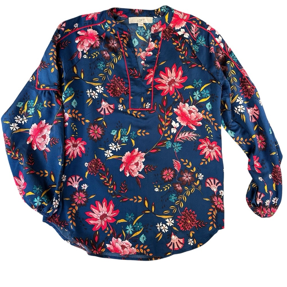 LOFT Navy Floral V-Neck Blouse with Pink Blooms and Piping Accents